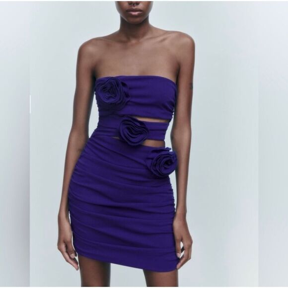 New! ZARA Cutout 3D Rosette Floral Ruched Mini Dress, XXL (US 14) - Picture 2 of 16